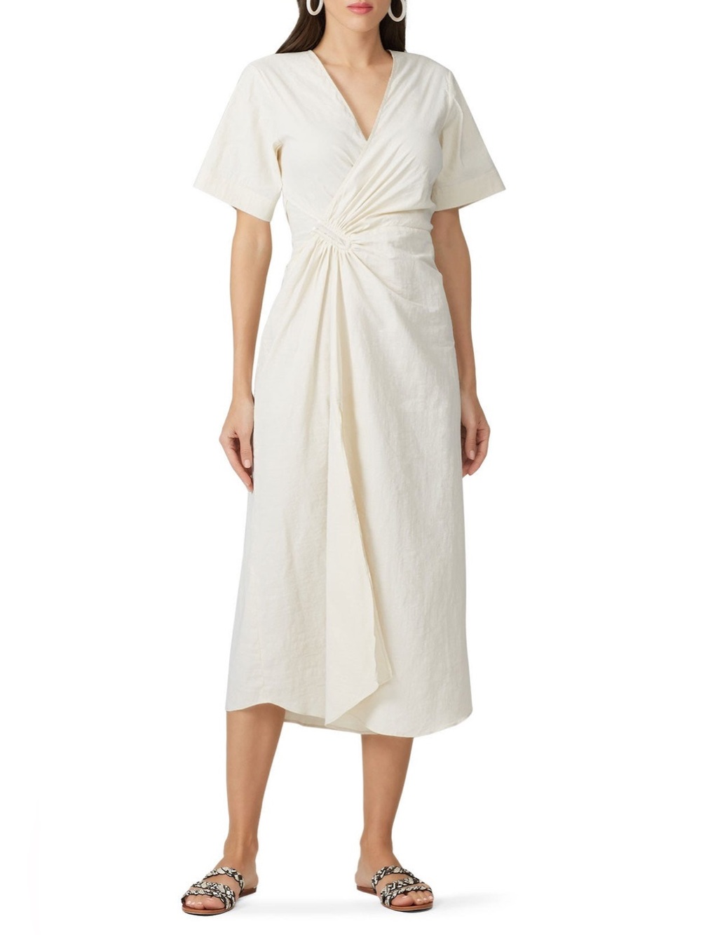A.L.C Cream Wrap Midi Dress Ruched Waist Short Sleeve XS $545